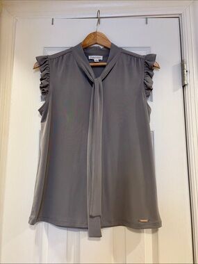 Calvin Klein Gray Tie-Neck Ruffle Sleeve Shell